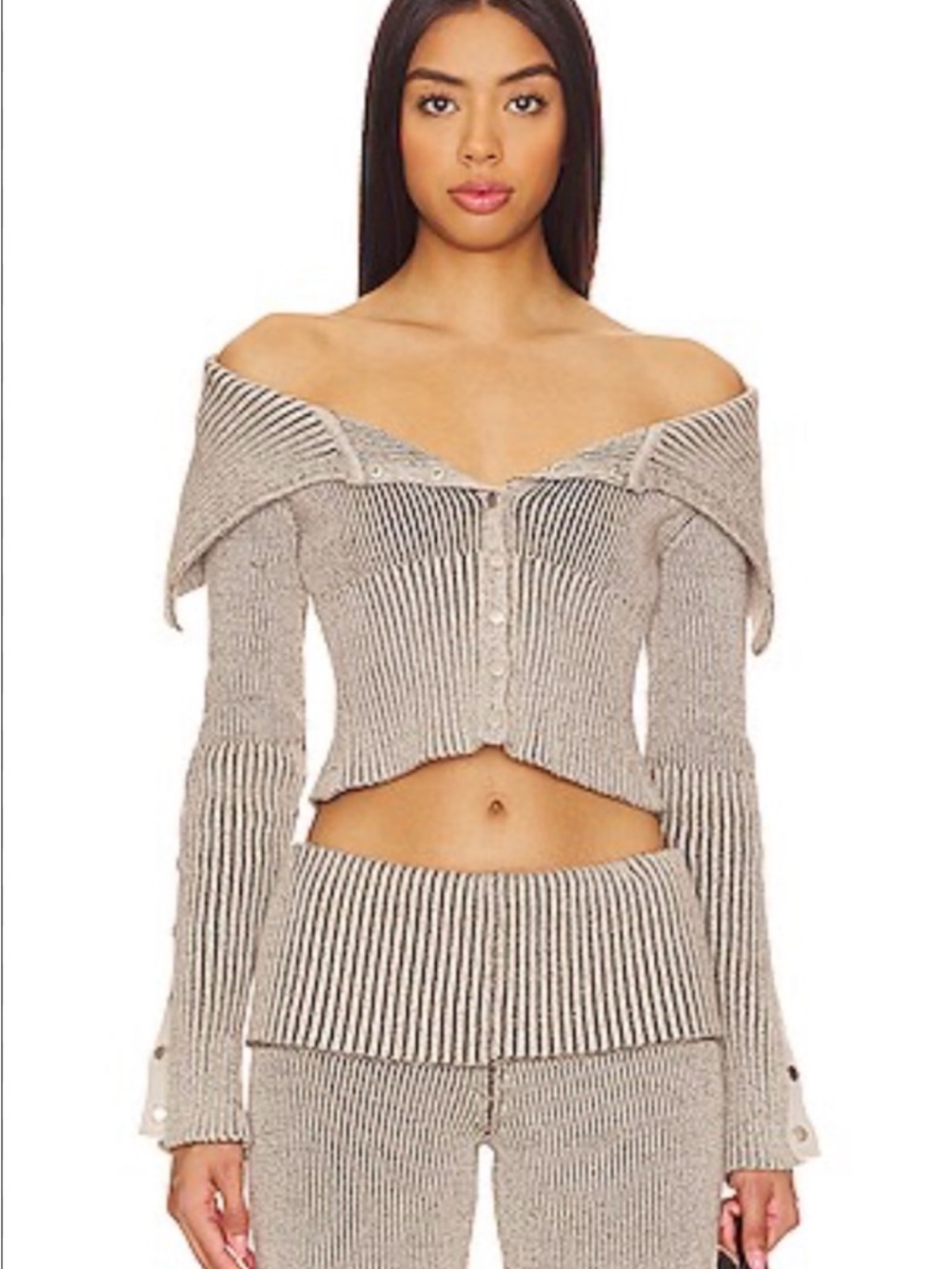 Jaded London Taupe Ribbed Off-Shoulder Button Crop Sweater